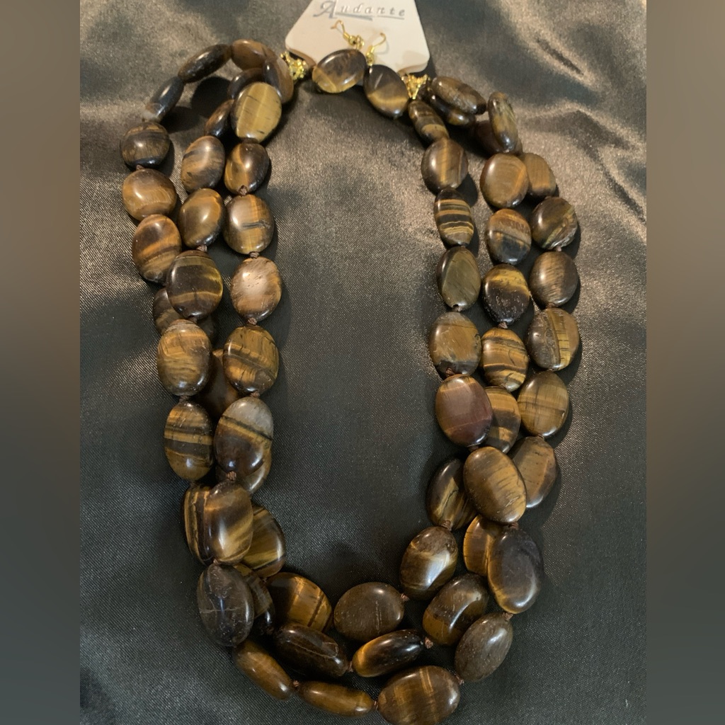 Tigers Eye Triple Strand Choker Necklace W/ Earrings